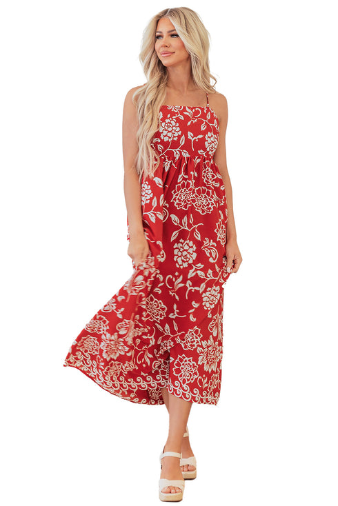 Red Floral Printed Spaghetti Strap Empire Waist Maxi Dress